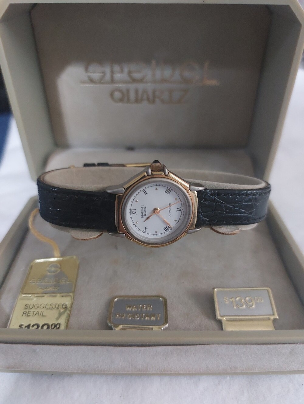 NIB Vintage Speidel Swiss Quartz Ladies Watch Two Tone Black Leather 2844 NOS